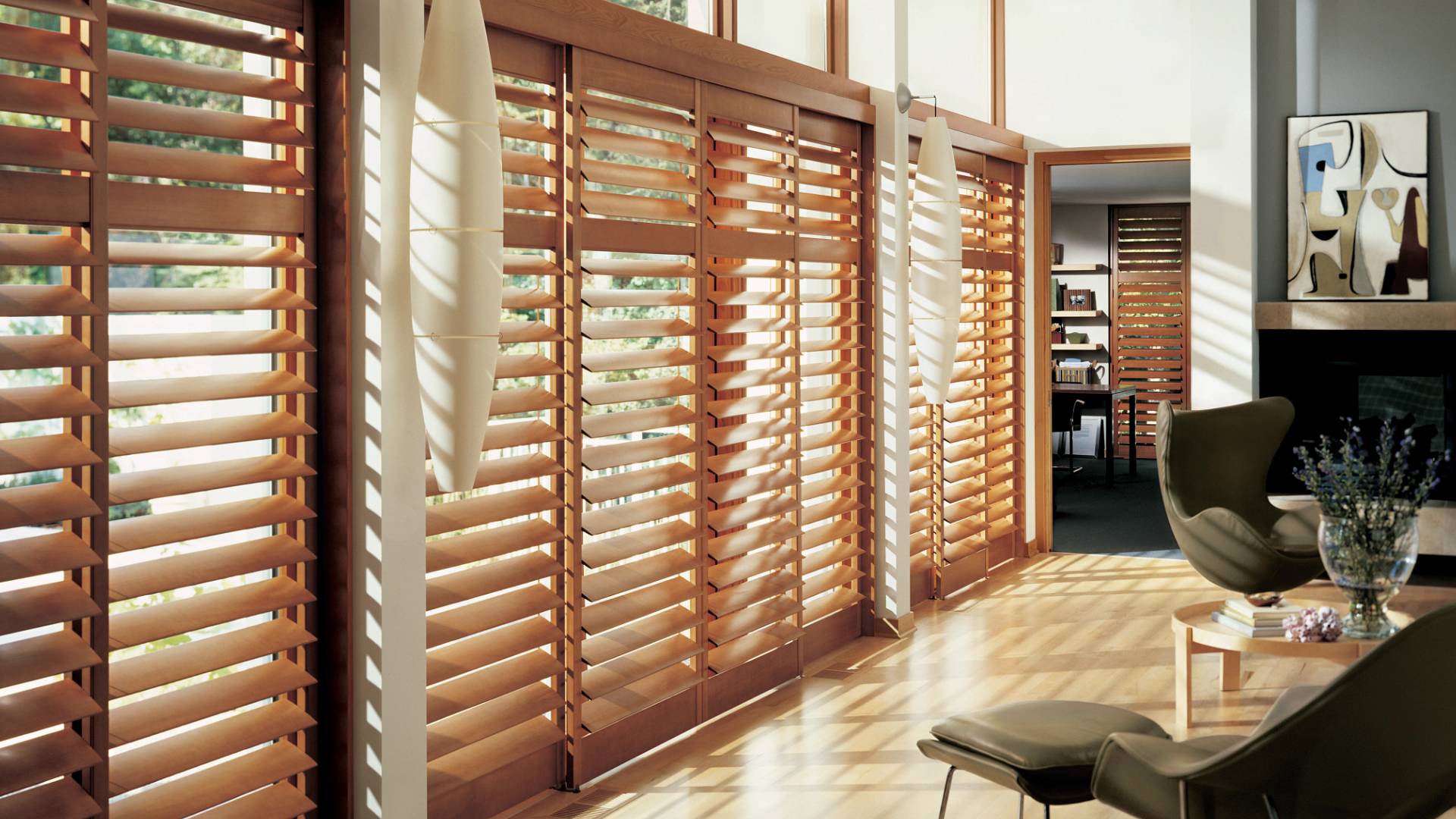 Hunter Douglas shutters in a dining room near White Rock & South Surrey, B.C.