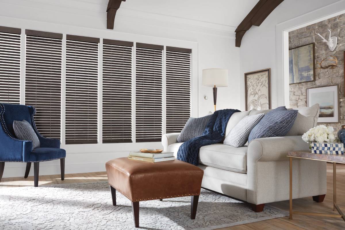 Custom wood blinds in a living room near White Rock & South Surrey, B.C